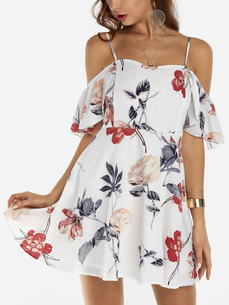 White Off The Shoulder Short Sleeve Floral Print Backless Spaghetti Strap Flounced Hem Mini Dresses