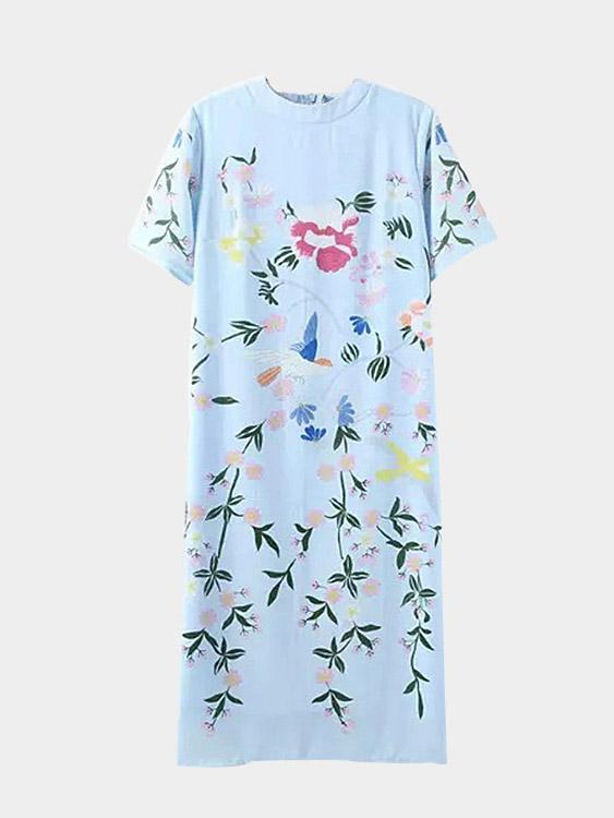 Round Neck Short Sleeve Floral Print Zip Back Slit Hem Dresses