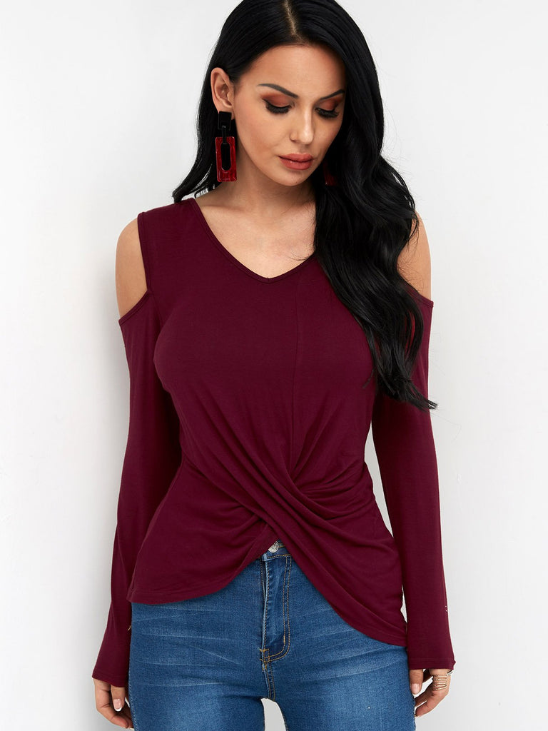 V-Neck Cold Shoulder Crossed Front Long Sleeve T-Shirts