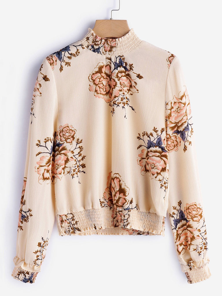 Perkins Collar Floral Print Pleated Long Sleeve Beige Blouses