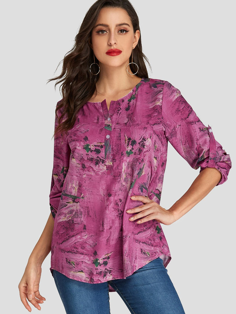 Round Neck Floral Print Long Sleeve Pink Blouses