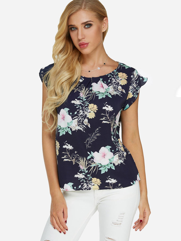 Round Neck Floral Print Short Sleeve Navy T-Shirts