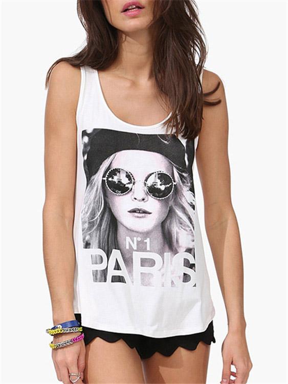 Round Neck Letter Sleeveless White Tank Top