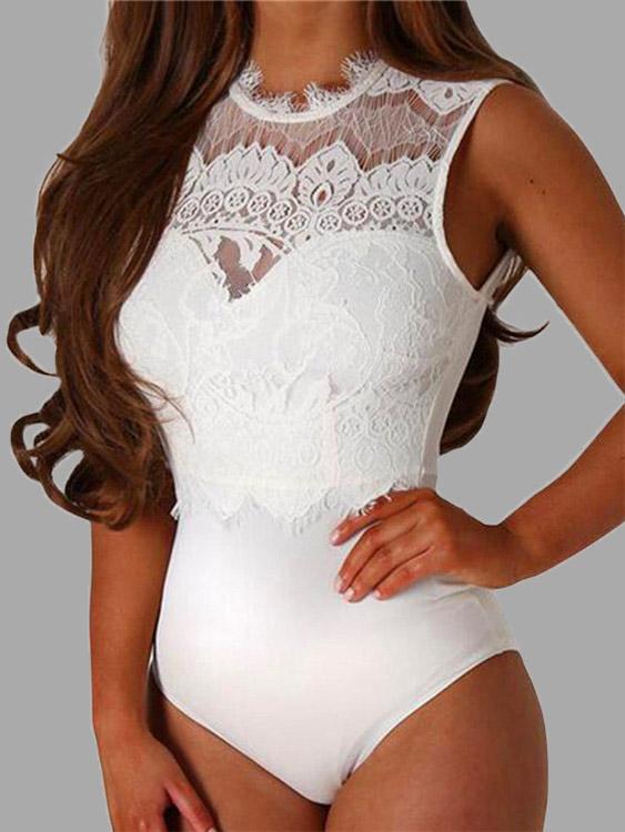 Round Neck Lace Backless Cut Out Sleeveless White Bodysuits