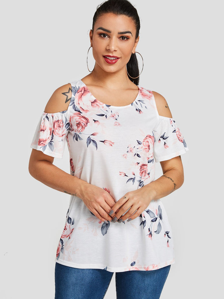 Cold Shoulder Floral Print Short Sleeve White T-Shirts