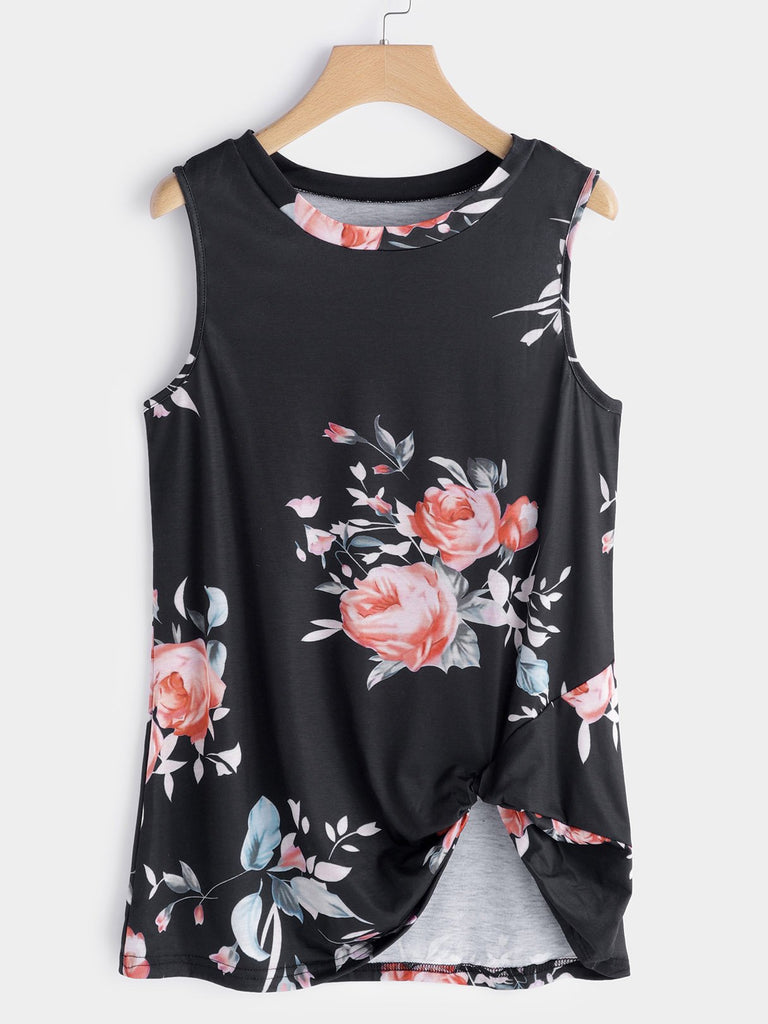 Round Neck Floral Print Crossed Front Sleeveless Irregular Hem Tank Top