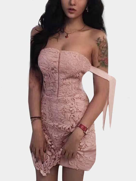 Pink Off The Shoulder Sleeveless Lace Dresses
