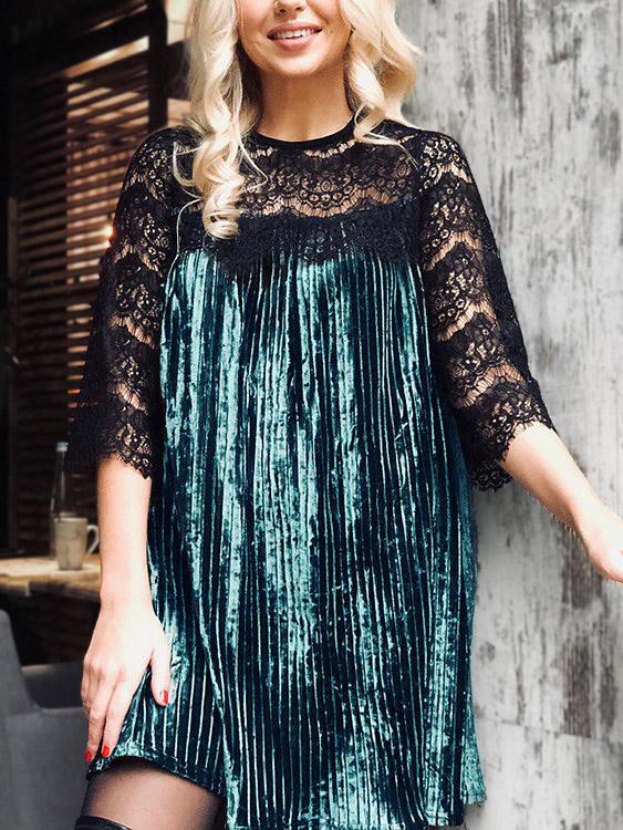 Round Neck 3/4 Length Sleeve Lace Pleated Casual Dresses