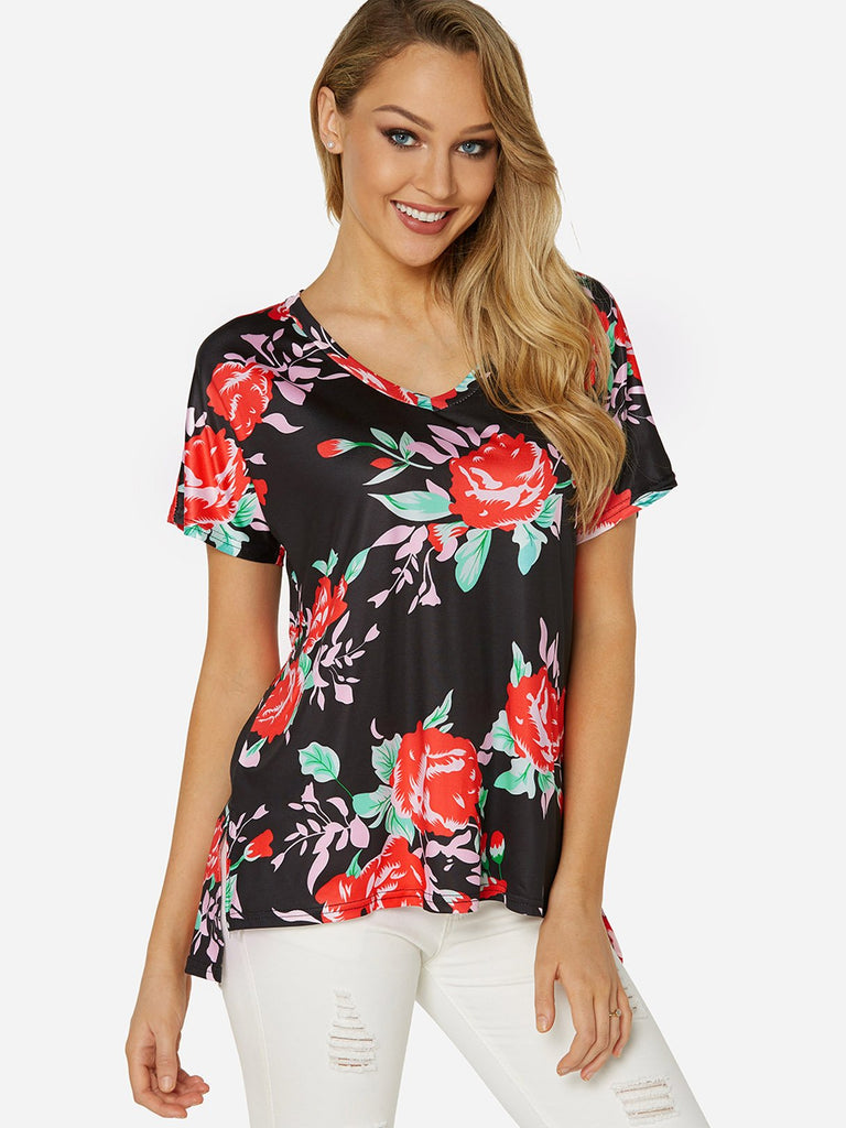 Round Neck Floral Print Slit Short Sleeve Black T-Shirts
