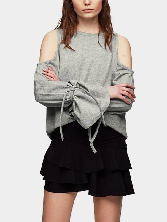 Round Neck Cold Shoulder Long Sleeve Grey T-Shirts