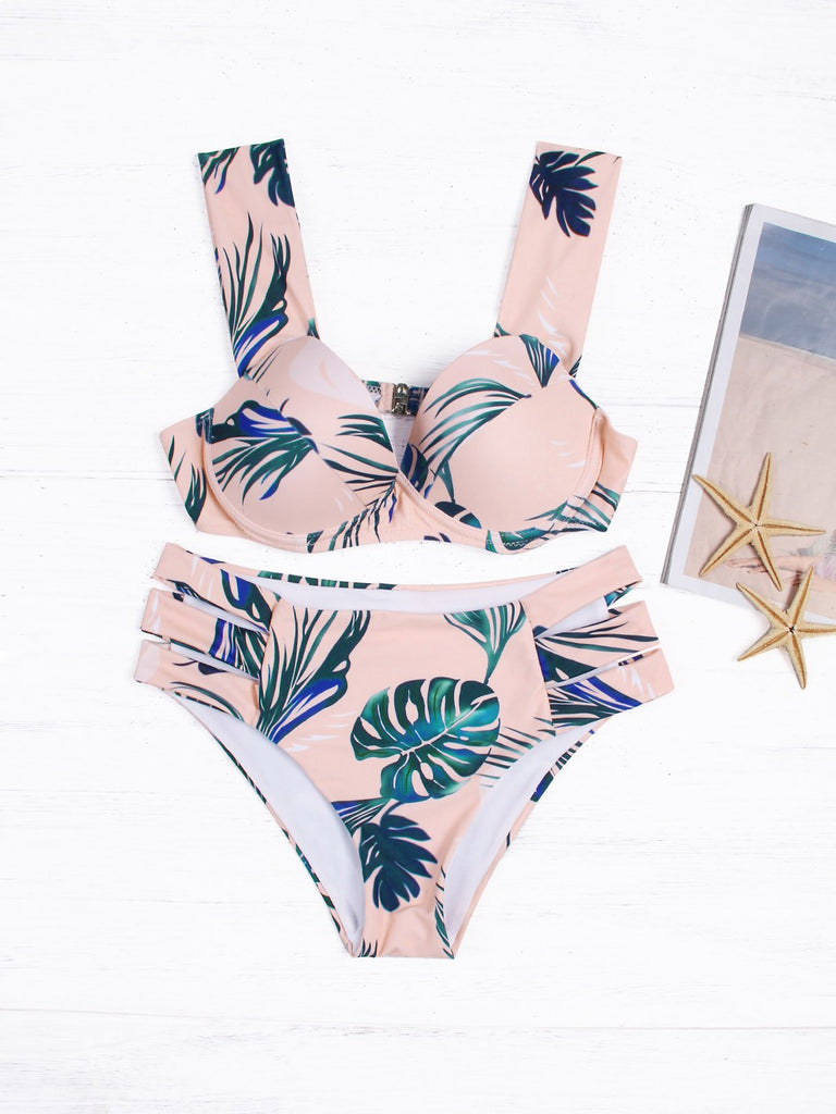 Pink V-Neck Sleeveless Printed Bikinis