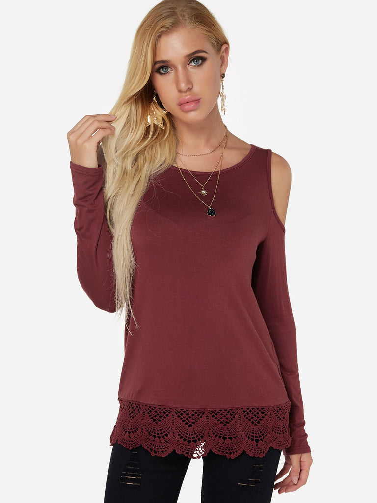 Cold Shoulder Plain Lace Long Sleeve Burgundy T-Shirts