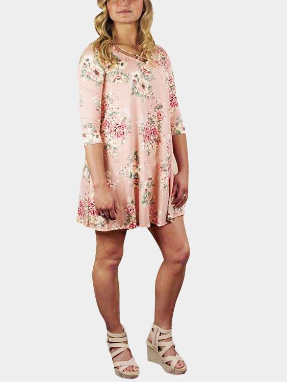 Pink V-Neck 3/4 Sleeve Length Floral Print Crossed Front Mini Dress