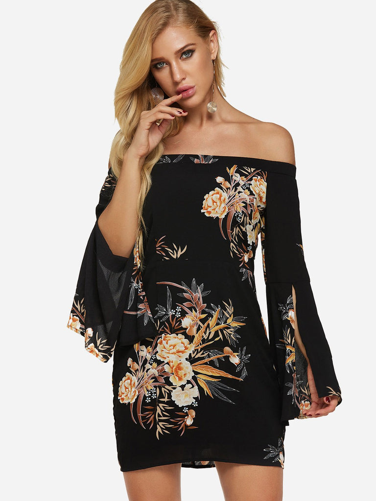 Black Off The Shoulder Long Sleeve Floral Print Slit Dresses