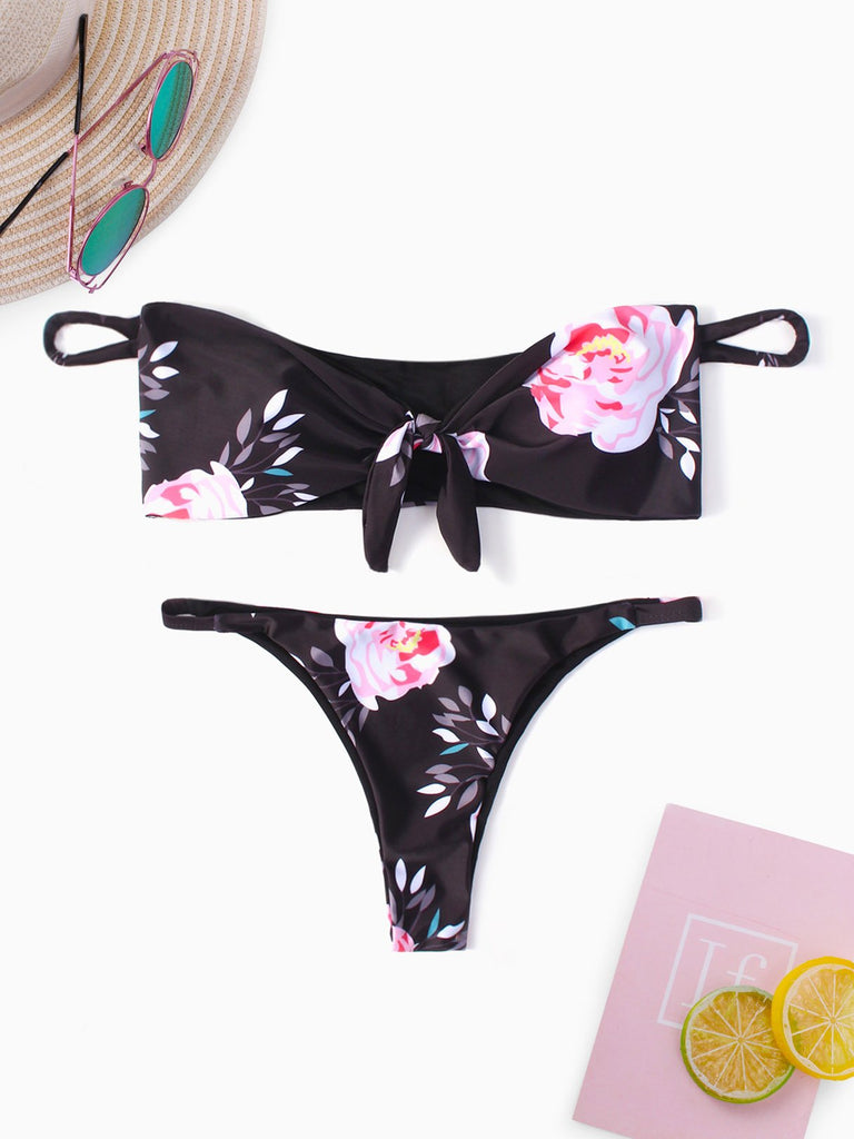 Black Off The Shoulder Sleeveless Floral Print Tie-Up Bikinis