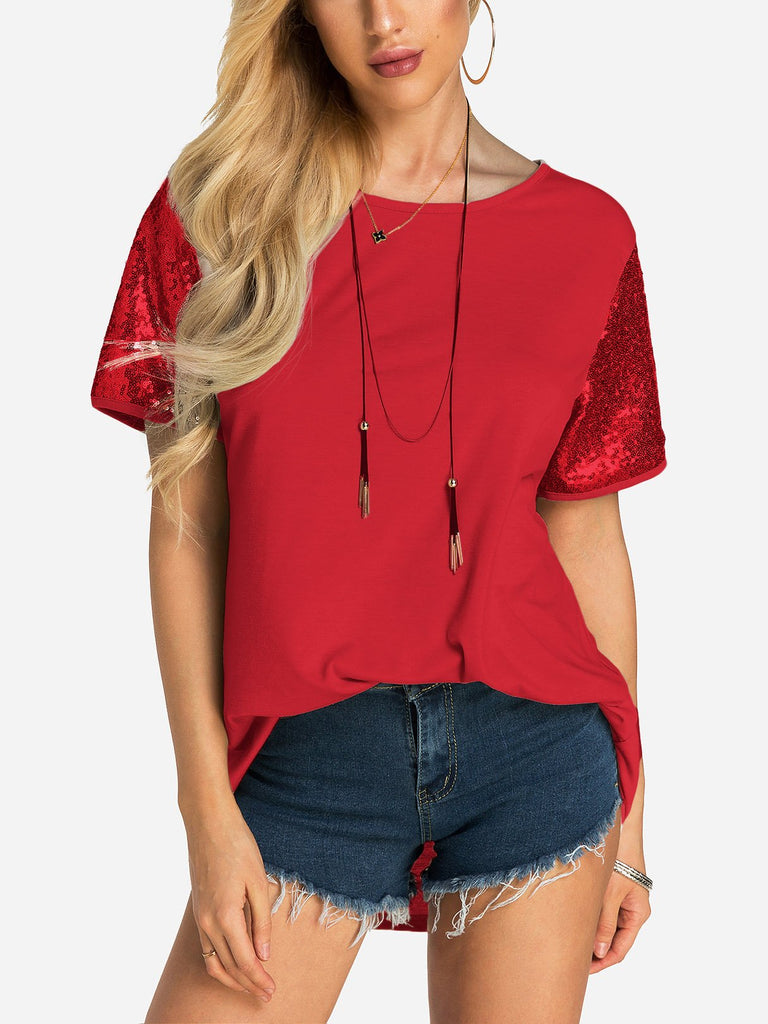 Round Neck Sequins Embellished Short Sleeve T-Shirts