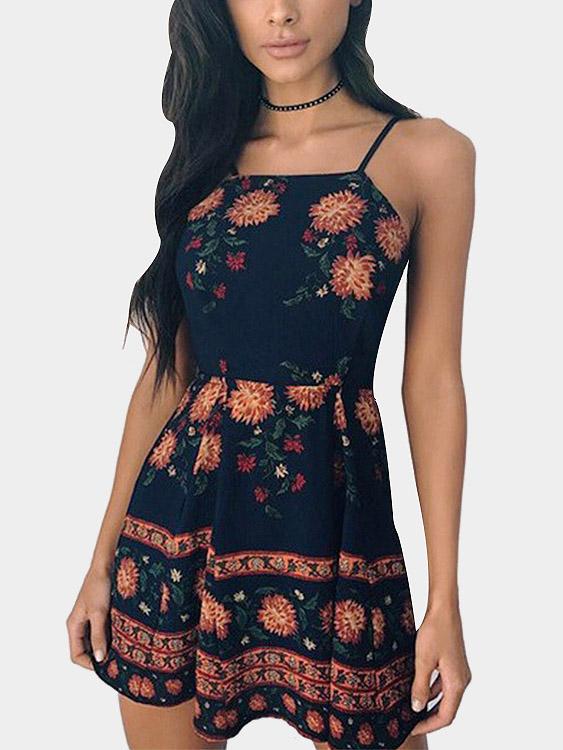 Sexy Random Floral Print Sleeveless Dresses