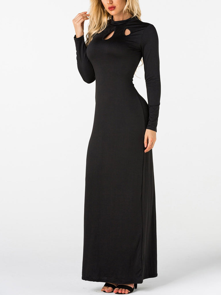 Black Crew Neck Long Sleeve Hollow Cut Out Ruffle Hem Maxi Dress