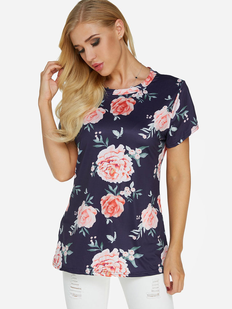 Round Neck Floral Print Short Sleeve Navy T-Shirt