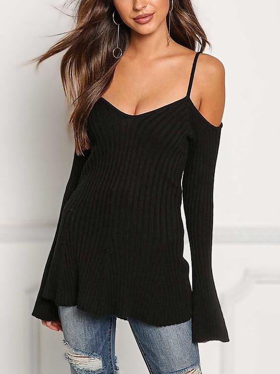 V-Neck Plain Long Sleeve Black Top