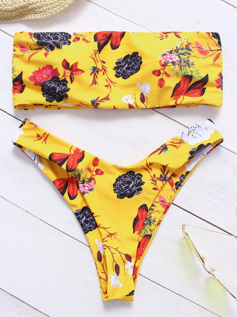 Yellow Strapless Sleeveless Floral Print Strapless Bikinis