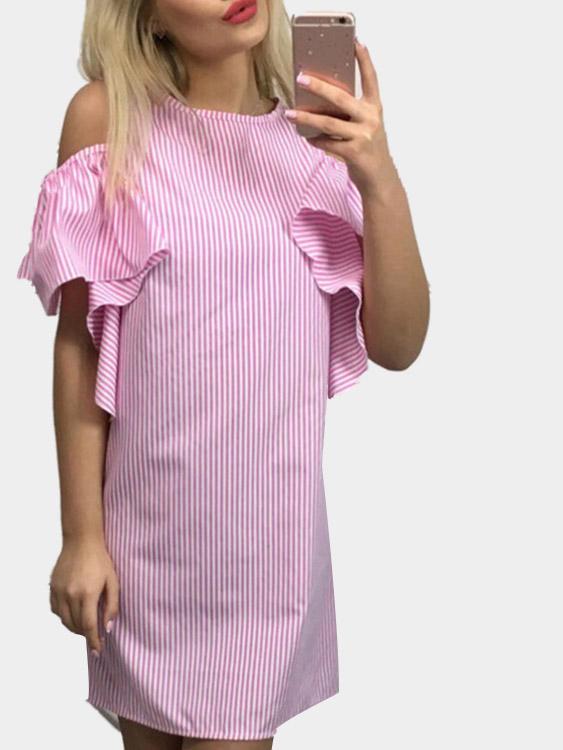 Round Neck Short Sleeve Stripe Zip Back Casual Dresses