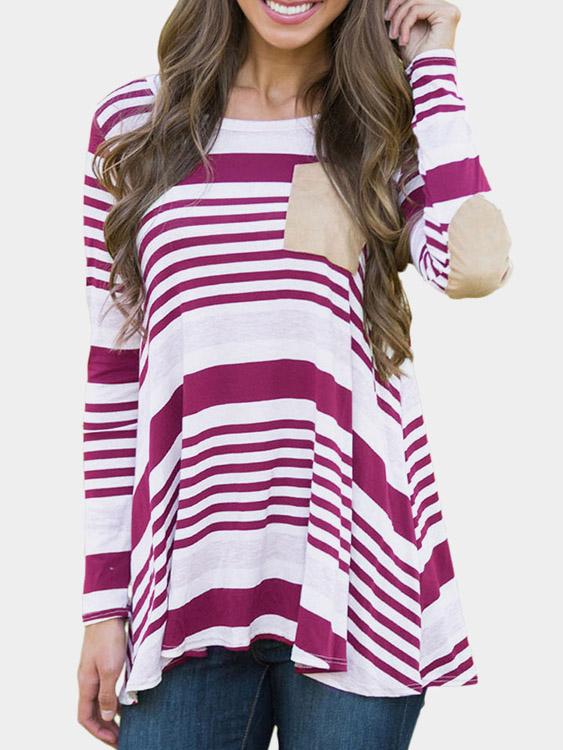 Round Neck Stripe Side Pockets Long Sleeve Irregular Hem Plum T-Shirts