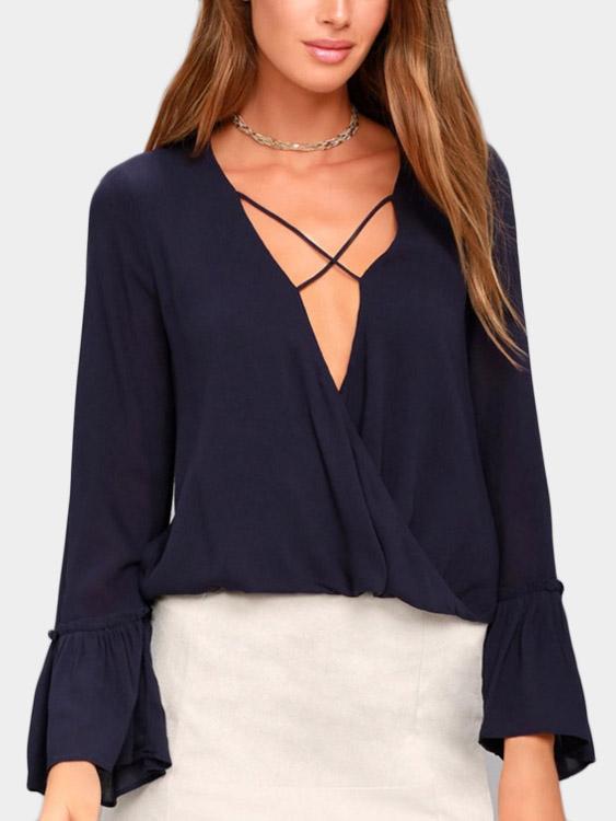 V-Neck Crossed Front Navy Blouses