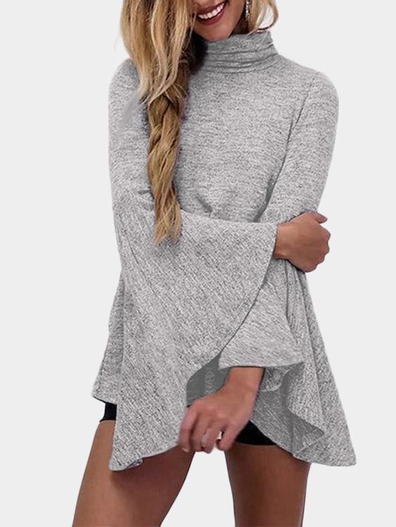 Perkins Collar Plain Crossed Front Long Sleeve Grey Top