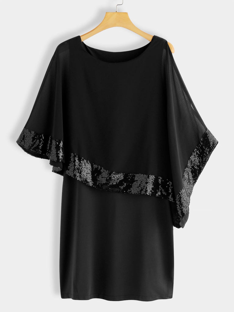 Black Crew Neck Half Sleeve Plain Sequins Embellished See Through Casual Dress