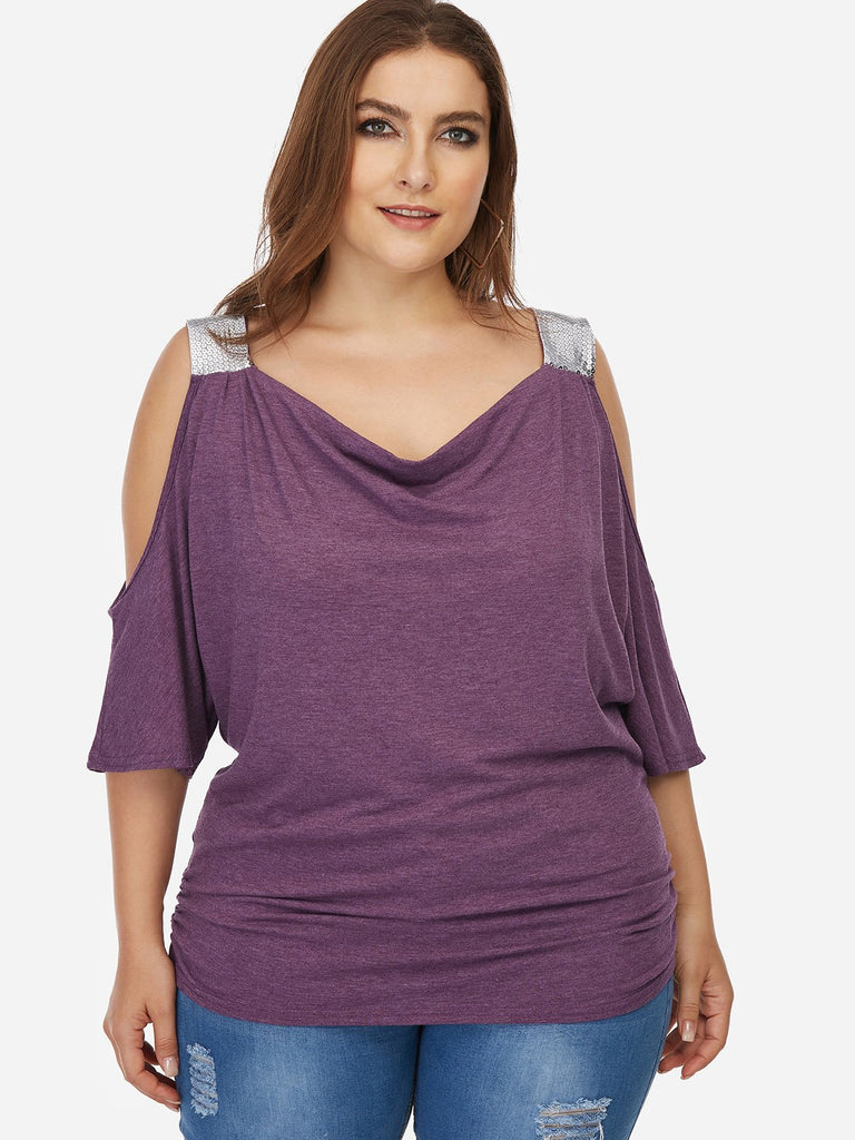 V-Neck Cold Shoulder Plain Sequins Embellished Half Sleeve Plus Size Tops