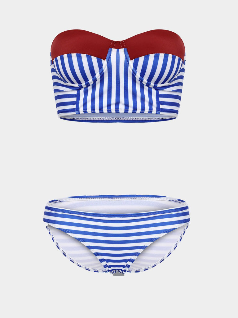 Strapless Sleeveless Stripe Slit Two Piece Bikinis