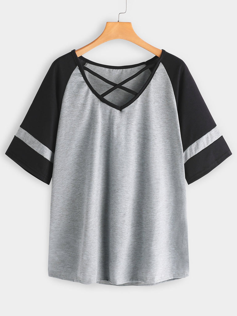 V-Neck Criss-Cross Short Sleeve Plus Size Tops