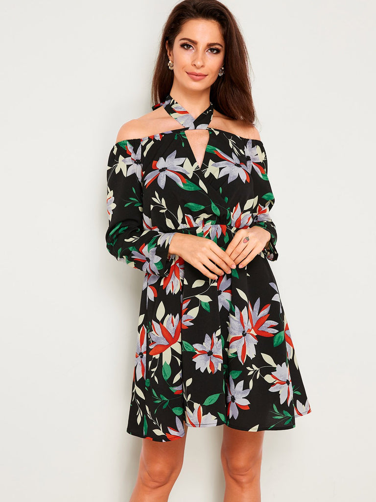 Black Halter Off The Shoulder Long Sleeve Floral Print Dresses