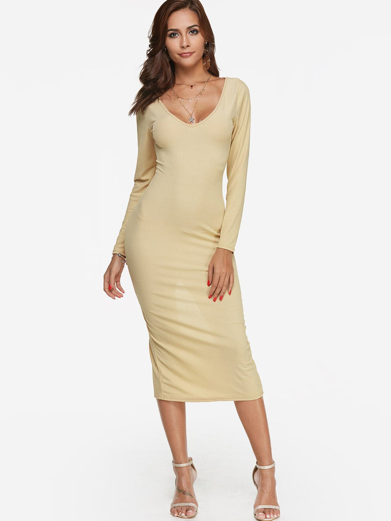 Beige Deep V Neck Long Sleeve Plain Bodycon Hem Sexy Dresses