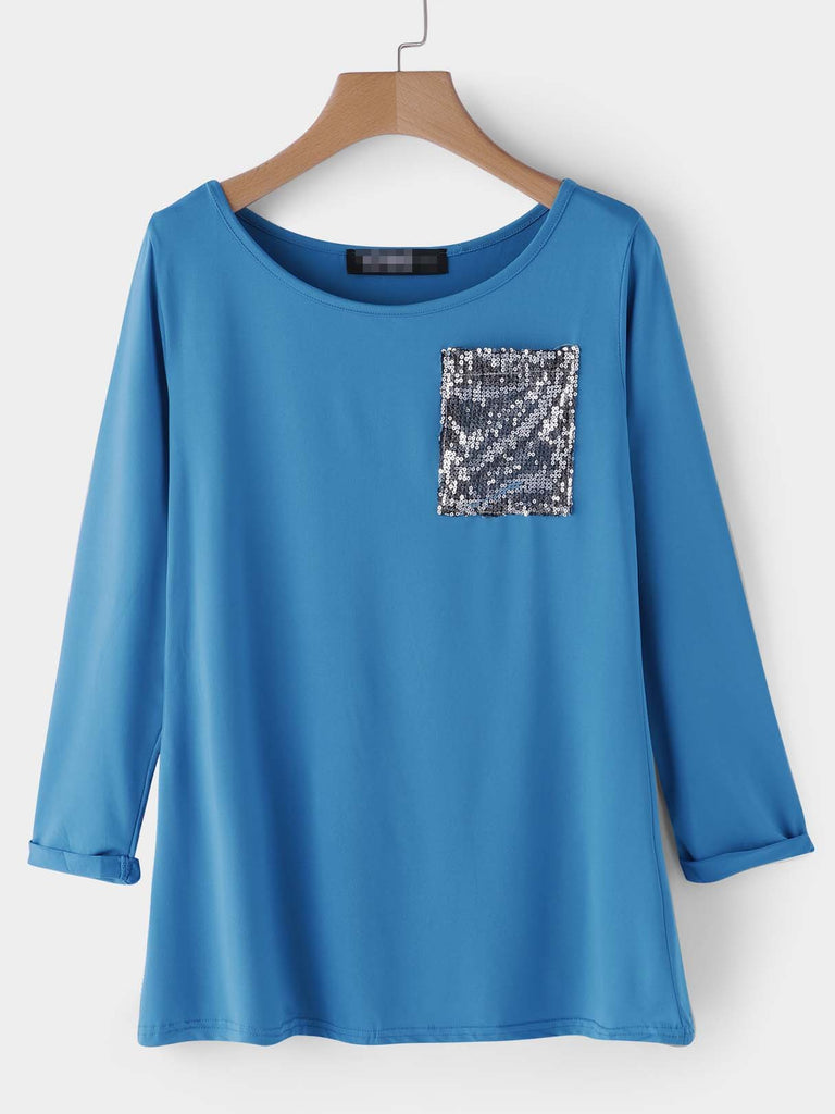 Round Neck Slit Long Sleeve Blue T-Shirts