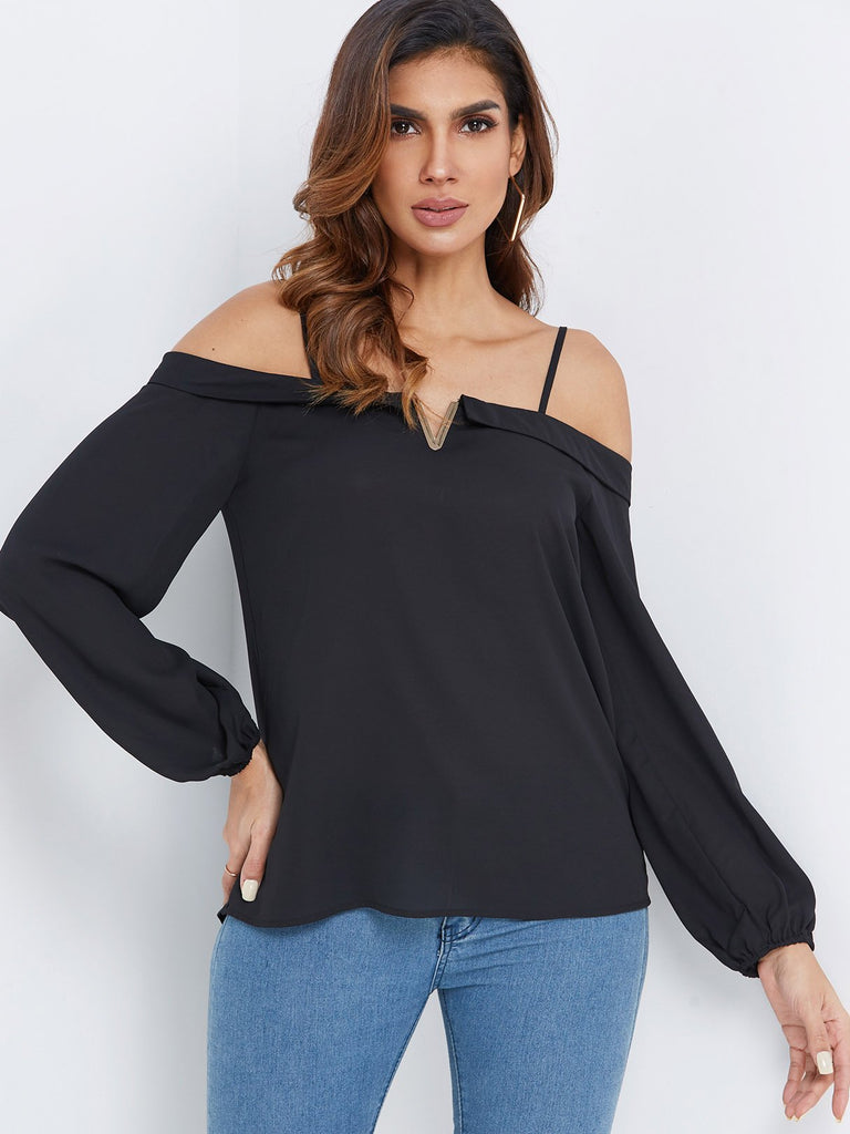 Off The Shoulder Plain Spaghetti Strap Long Sleeve Curved Hem Black Blouses