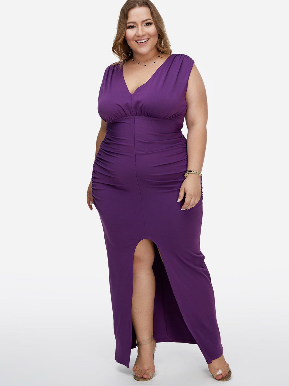 Deep V Neck Pleated Sleeveless Slit Hem Purple Plus Size Maxi Dress