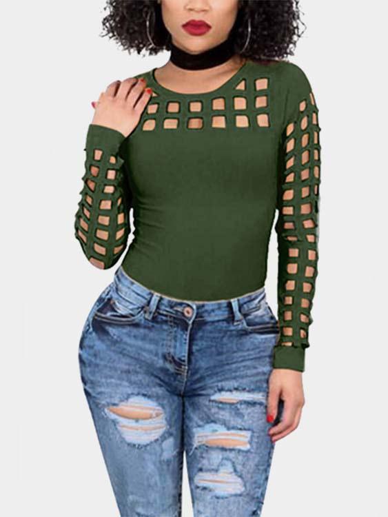 Round Neck Plain Hollow Long Sleeve Green T-Shirts