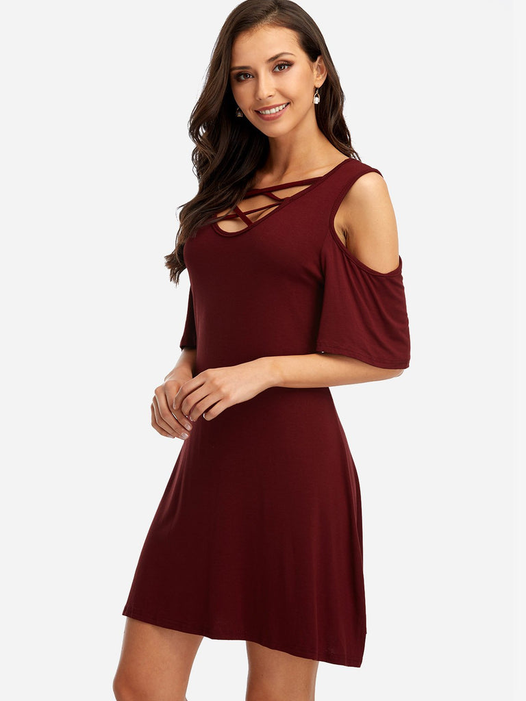 V-Neck Cold Shoulder Short Sleeve Burgundy Mini Dress