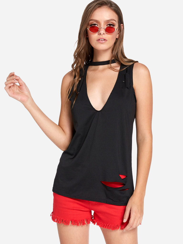 V-Neck Random Ripped Sleeveless Black Camis