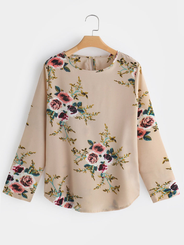 Round Neck Floral Print Long Sleeve Irregular Hem Khaki T-Shirts