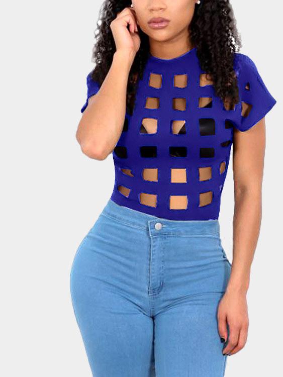 Round Neck Grid Hollow Short Sleeve Grid T-Shirts