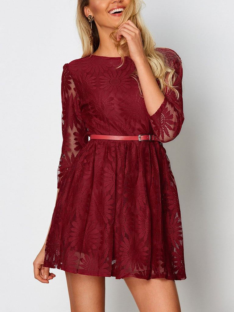 Crimson Round Neck Half Sleeve Embroidered Crochet Lace Embellished Backless Hollow Belt Mini Dress