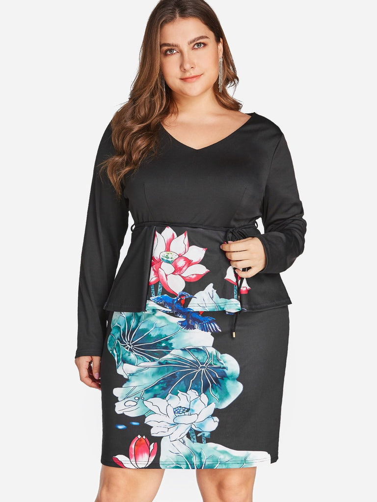 V-Neck Floral Print Self-Tie Long Sleeve Black Plus Size Dress