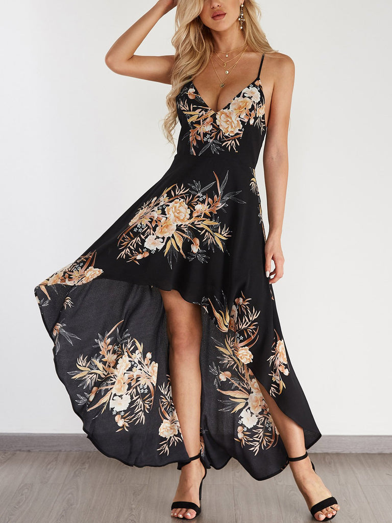 Halter Sleeveless Floral Print Backless High-Low Hem Dresses