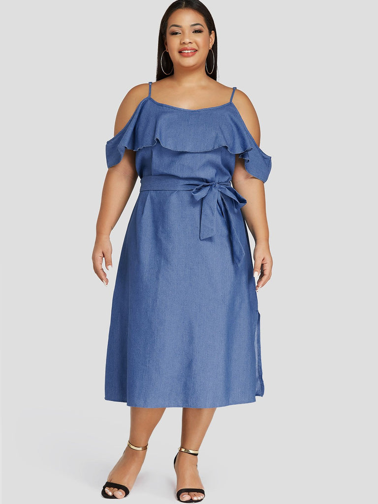 Cold Shoulder Spaghetti Strap Self-Tie Ruffle Trim Short Sleeve Blue Plus Size Dress