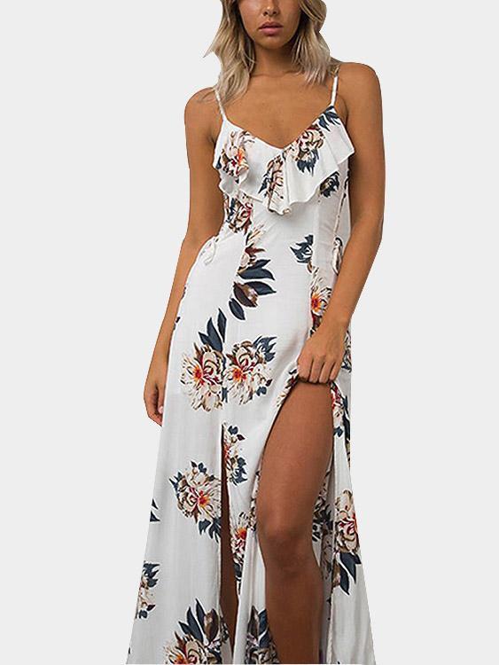 White V-Neck Sleeveless Floral Print Backless Lace-Up Slit Hem Maxi Dresses