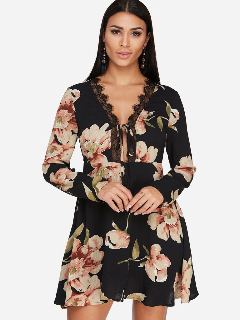Black V-Neck Long Sleeve Floral Print Lace Self-Tie Dresses