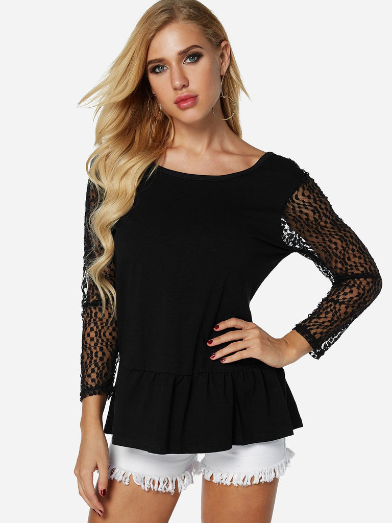 Round Neck Plain Lace Backless Long Sleeve Ruffle Hem Black T-Shirts